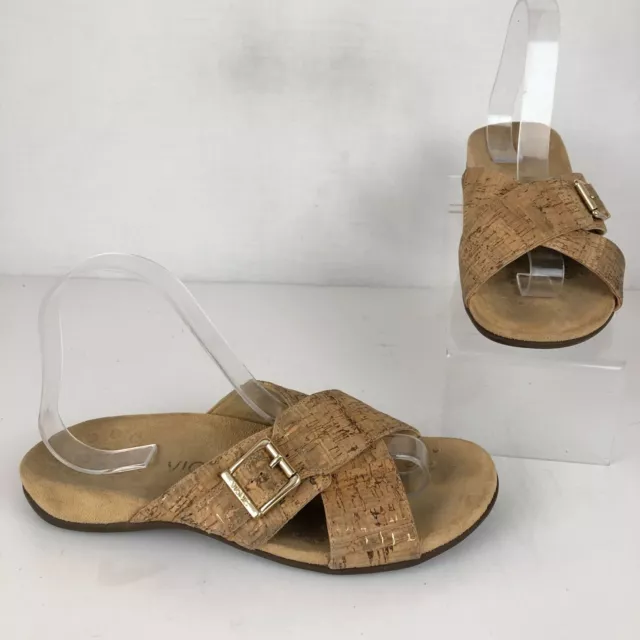 Vionic Women's Size 7 Dorie Tan Gold Cork Slip On Buckle Strap Slide Sandals