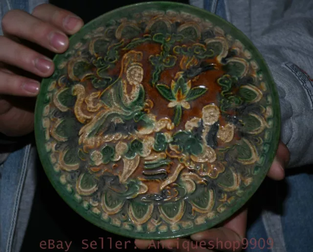 7.2" Old Chinese Tang sancai Porcelain Dynasty Guanyin Flower Bowl Dish Plate