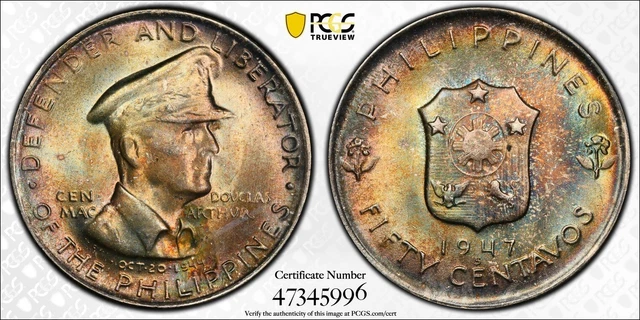 MS65 1947-S Philippines MacArthur Silver 50 Centavos, PCGS- Rainbow Toned