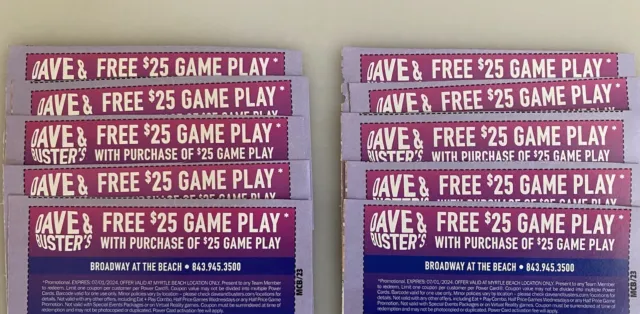 10 Dave & Busters $25 Off Game Play Vouchers EXPIRES 07/01/2024