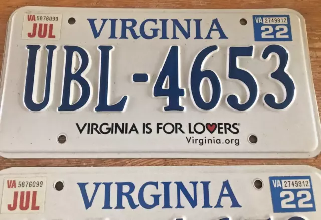 Virginia License Plate Set UBL-4653 Matching Pair Tags Plates VA Is For Lovers 2