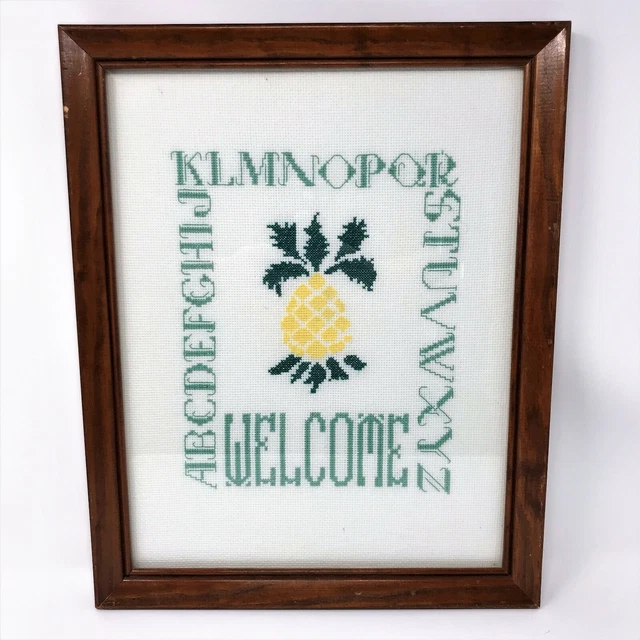Muestrador de imágenes contadas de punto de cruz ABC bienvenida folk acabado y enmarcado
