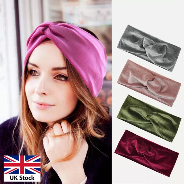 Women Girl Soft Turban Velvet Headband Head Wrap Twisted Stretch Plain Hair Band