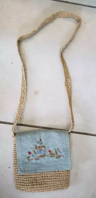 Embroidered Woven Handbag Straw Knitted Bag Summer Beach 7x7"