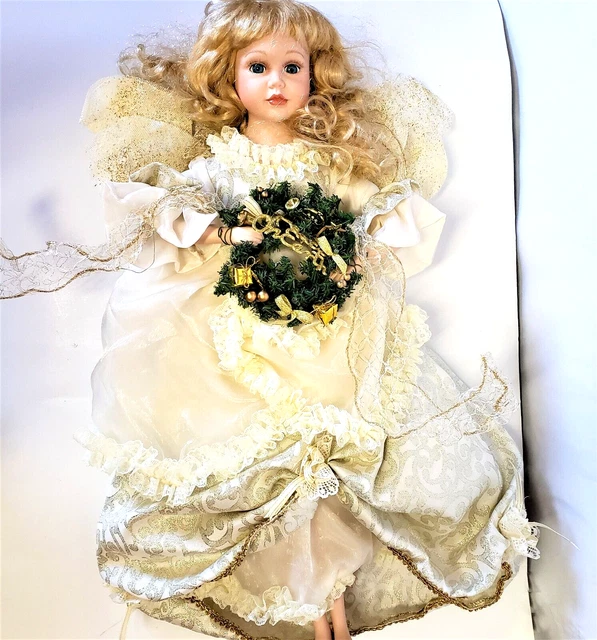 Victorian Porcelain Angel Doll w /Christmas wreath  24”