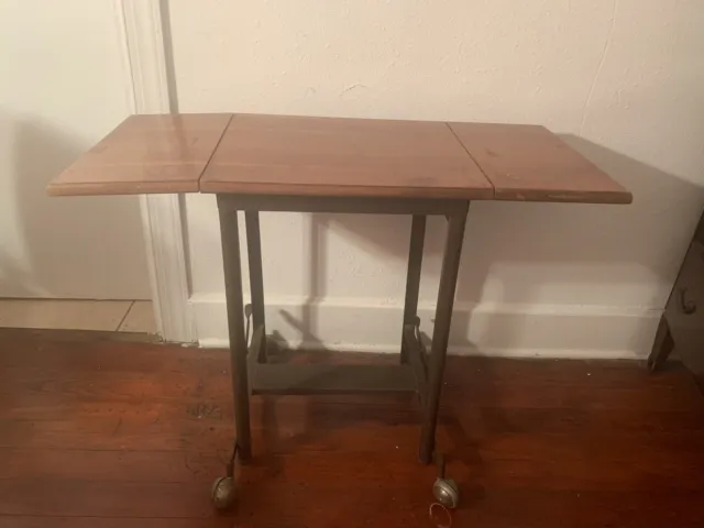 Vintage Wood Top TYPEWRITER/INDUSTRIAL Table Drop Leaf Metal Rolling Stand