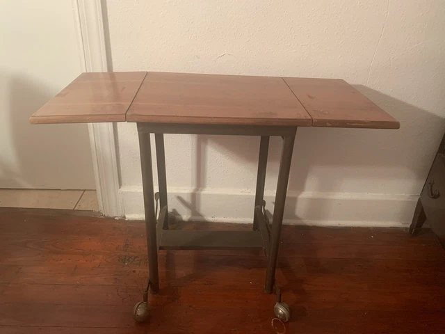 Vintage Wood Top TYPEWRITER/INDUSTRIAL Table Drop Leaf Metal Rolling Stand Vintage Wood Top TYPEWRITER/INDUSTRIAL Table Drop Leaf Metal Rolling Stand