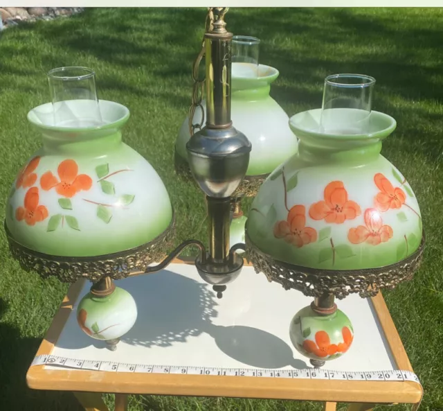 VTG 3 Arm chandelier Victorian￼ glass Shades Milk Glass Painted Poppies