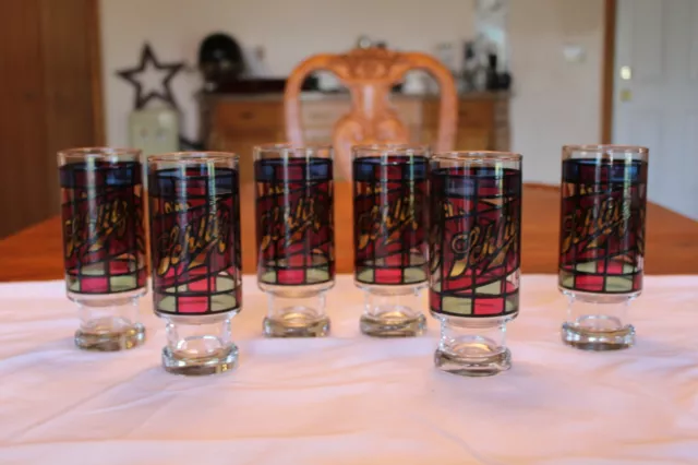 Schlitz Flagstaff Schaefer Beer Stain Glass Set Of 6 Vintage 1970's Beer Glasses