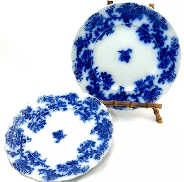 2 Lancaster Flow Blue Plates New Wharf Pottery Beads Porcelain Antique 1891 9in