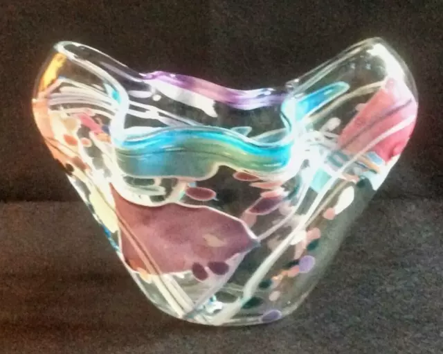 Stephen Nelson Art Wavy Glass Colorful Bowl 1993