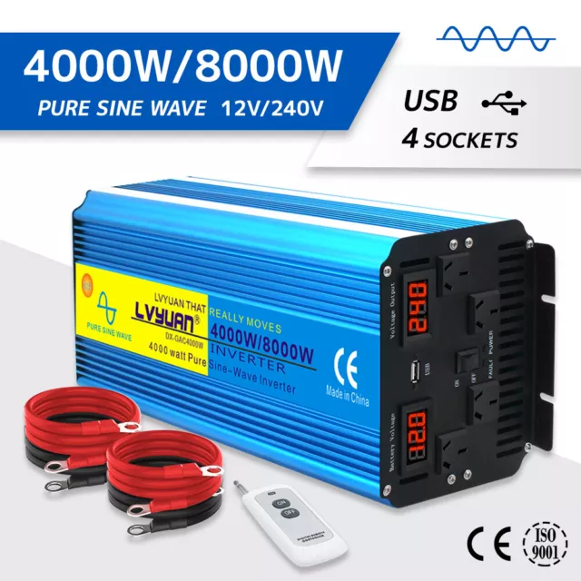 4000W 8000W Pure Sine Wave Power Inverter Car Converter LED DC12v to AC 240v