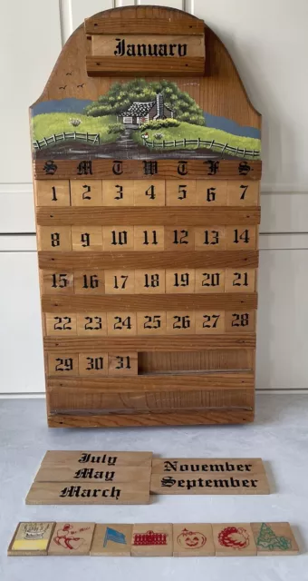 Wooden Perpetual Wall Calendar Farm Scene Vintage Complete