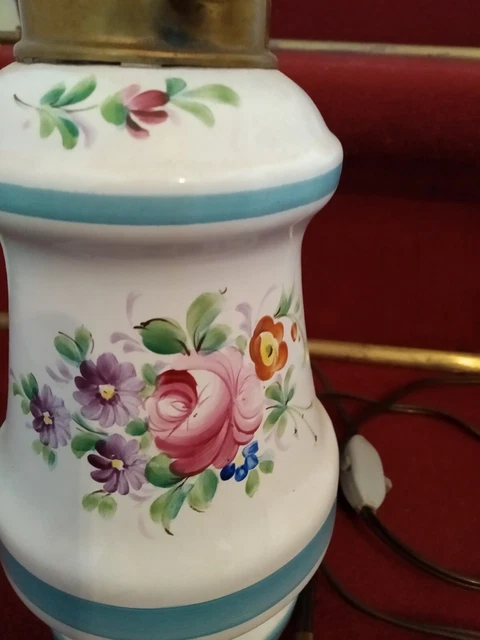 Ancienne Lampe à Pétrole En Porcelaine - Décor Oiseaux - Griffe Et Mèche