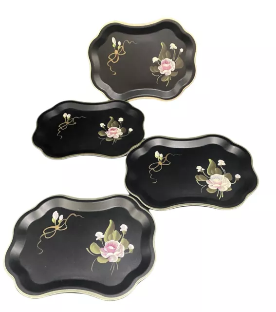 Set of 4 Vintage Fine Arts Studio Metal Toleware Black Trays Flowers Gilt Paint