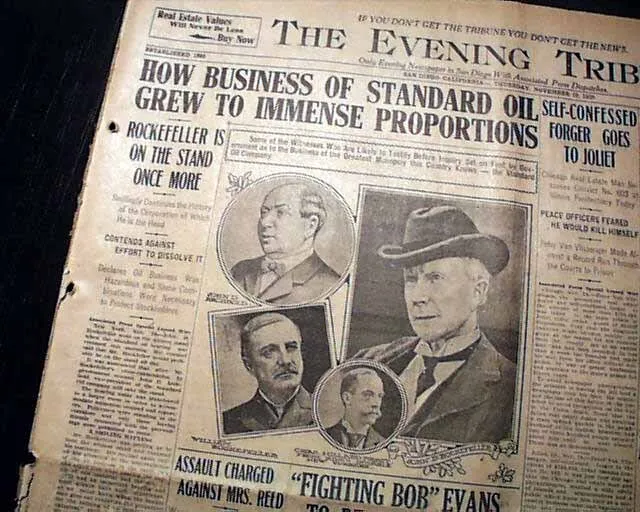 1908 STANDARD OIL CO. John D. Rockefeller Monopoly Court Case 1908 old Newspaper