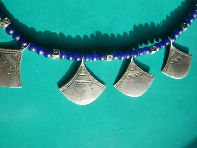 Niger Tuareg hand engraved drop triangle necklace + blue agate beads