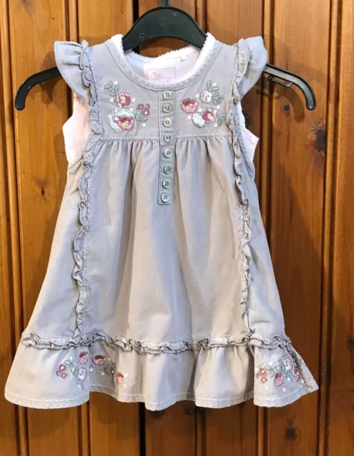 NEXT Baby Fine Corduroy Ruffle Floral Dress With Pink Bodysuit Age 6-9 Months