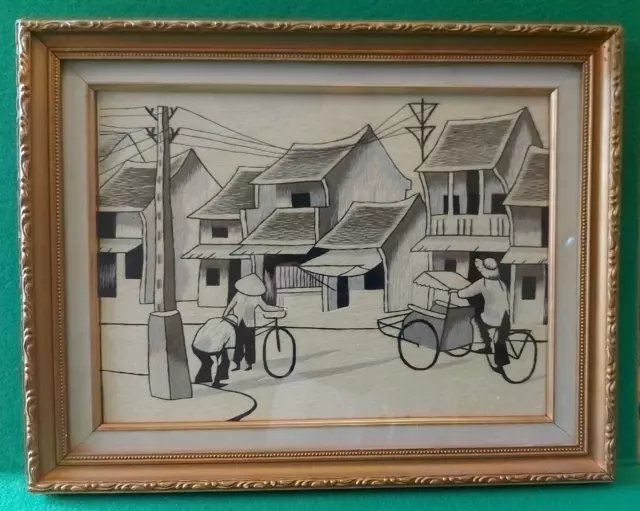 Ungewöhnliche Vintage orientalische schwarz & weiß/monotone Seidenstickerei. Poss aus Vietnam