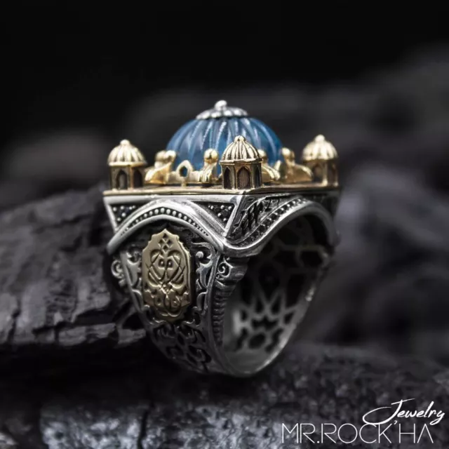 925 STERLING SILVER Men's Ring with Amber Stone Mosque Miniature/Blue Dome Model 2