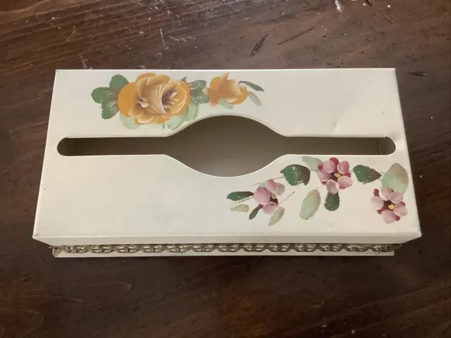 Vintage SHABBY Chic Metal TISSUE Box Holder Cover Painted Flower