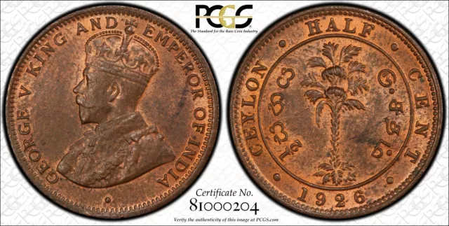 Ceylon 1926 Half Cent 1/2c PCGS MS63RB CHOICE UNC KM# 106 #2187