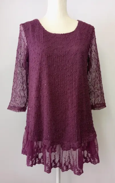 Indigo Soul Women's Purple Layered Boho Tunic Top Size M Tiered Embroidered Lace