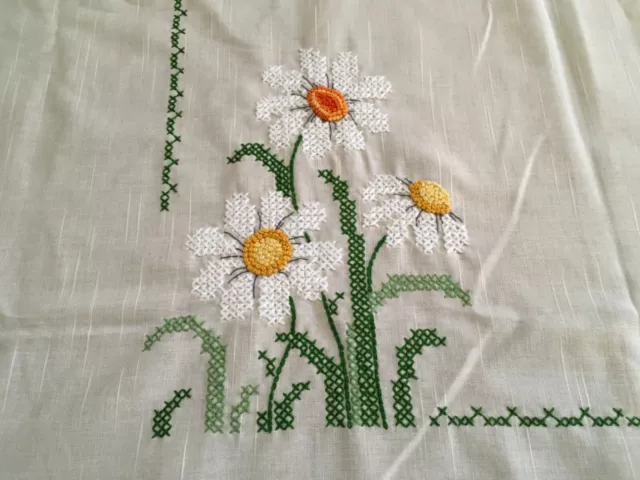 Hand Cross Stitch Tablecloth Daisy flowers on ivory 50 X 70 long