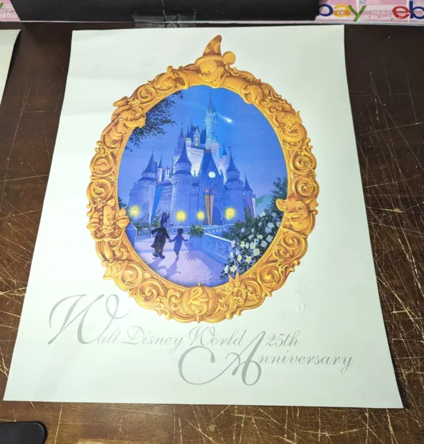 Vtg Disney World 25th Anniversary Poster Embossed Logo Cinderella Castle 16x20"