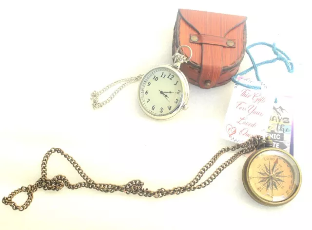 Vintage Brass Pocket Watch with FREE Necklace Compass Handmade Christmas Gift