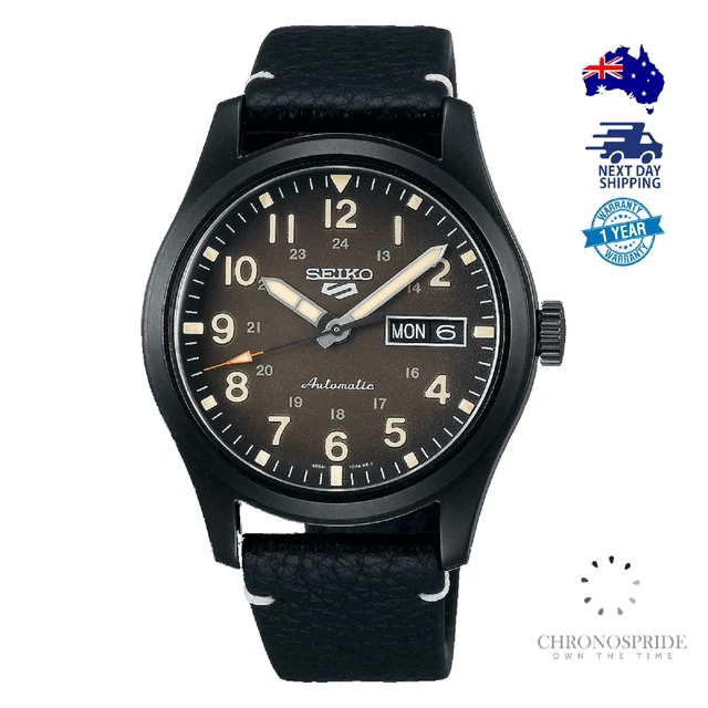 Seiko 5 Sports SRPG41 SRPG41K1 Black Leather Field Mens Automatic Watch
