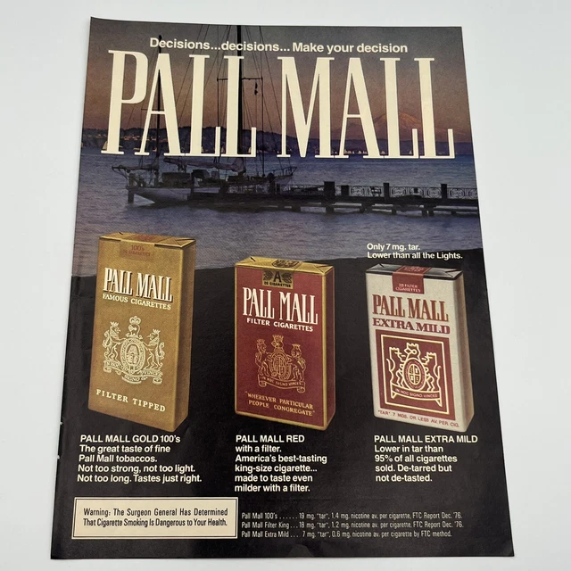 Pall Mall Cigarettes 1977 Vintage Print Ad 8x11" Make your decision boat at dock