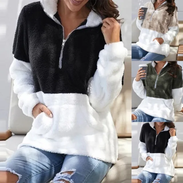 Womens Teddy Bear Fleece Sweatshirt Zip Up Fluffy High Neck Jumper Pullover Tops 2