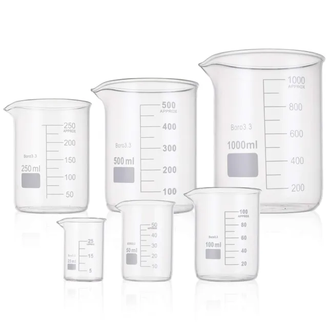 6 Pack Glass Lab Pyrex Beaker Set Measuring Cup 25/50/100/250/500/1000 ML Clear