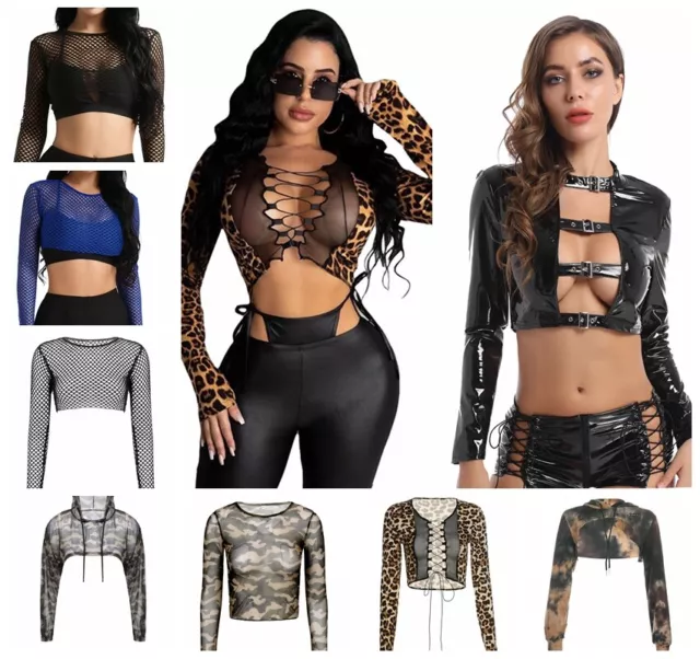 WOMENS LONG SLEEVES Gothic Crop Top Lace Up Sexy Punk Clubwear T-shirt  Hollow $15.19 - PicClick