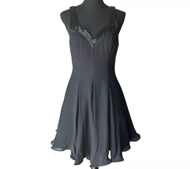 100% Silk Della Roufogali Black Beaded Cocktail Mini Dress Size 6 Vintage 1980s