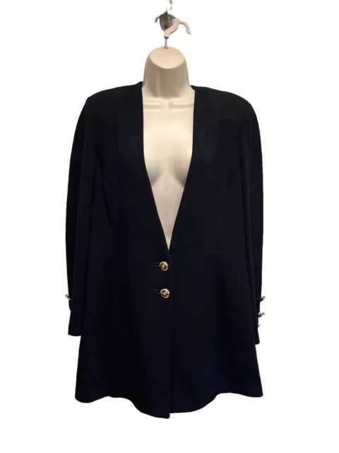 St. John Basics Black Santana Knit Longline Blazer Jacket Size 16 Logo Buttons