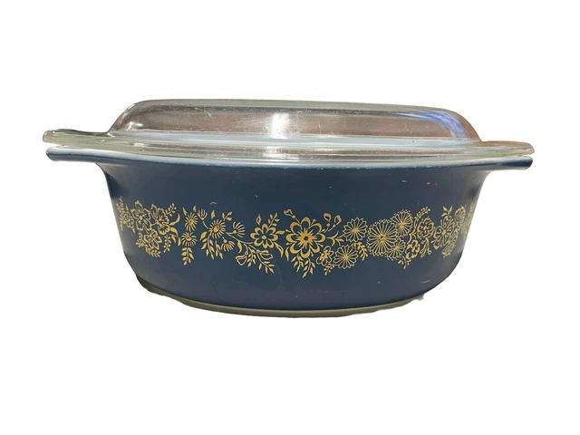 1965 Pyrex 043 Blue Golden Bouquet Vine Promotional 1 1/2 qt Casserole & Lid MCM