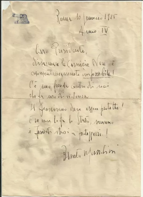 Autografo Benito Mussolini Su Lettera Su Carta G. Lalo Con Filigrana
