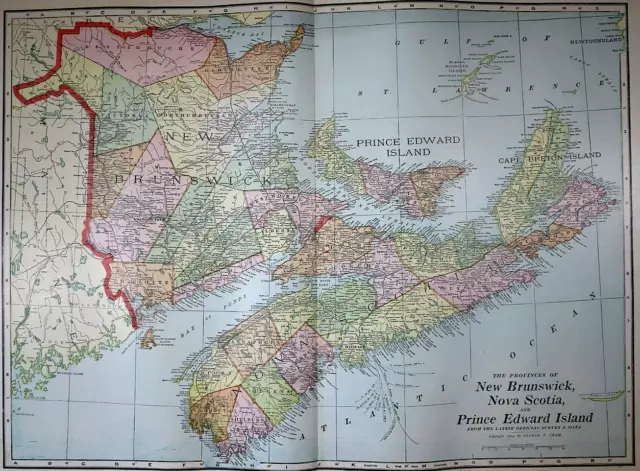 Old (Lg14x22) 1904 Cram's Atlas Map ~ CANADIAN MARITIMES ~ Free S&H ~Inv#288