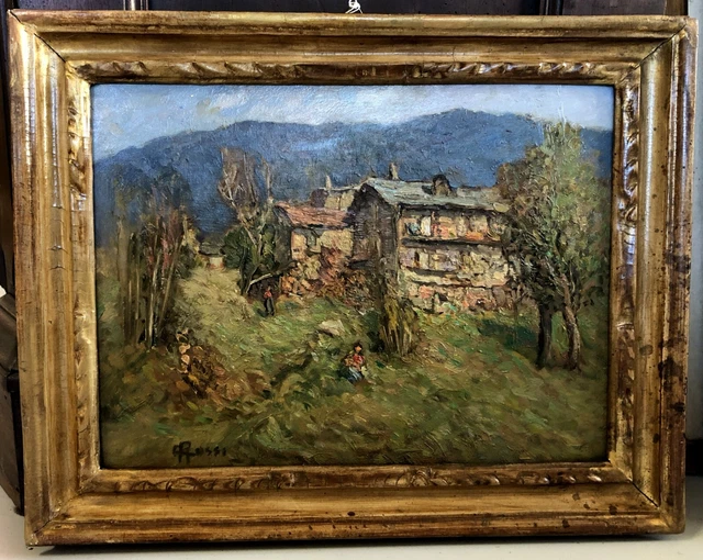 ANTICO DIPINTO OLIO Carlo Rossi PAESAGGIO RURALE A Miazzina CUSIO OSSOLA 1965