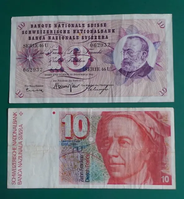 Switzerland, 2 x 10 Franken, Banknotes. (1965 & 1986). Pick #'s;- 45k & 53f.