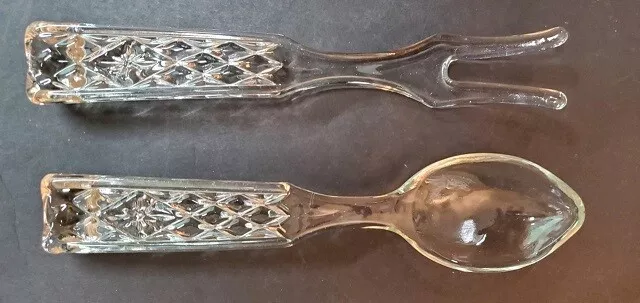 Vtg Anchor Hocking WEXFORD Pattern Clear GLASS Fork & Spoon Salad Serving Set