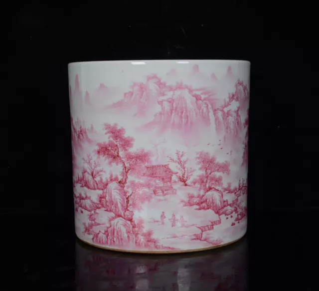 Chinese Carmine Porcelain HandPainted Exquisite Landscape Brush Pot 15322