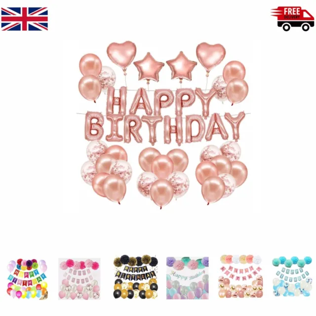 Happy Birthday Decoration Set Balloons Banner Bunting Paper Pompoms party UK