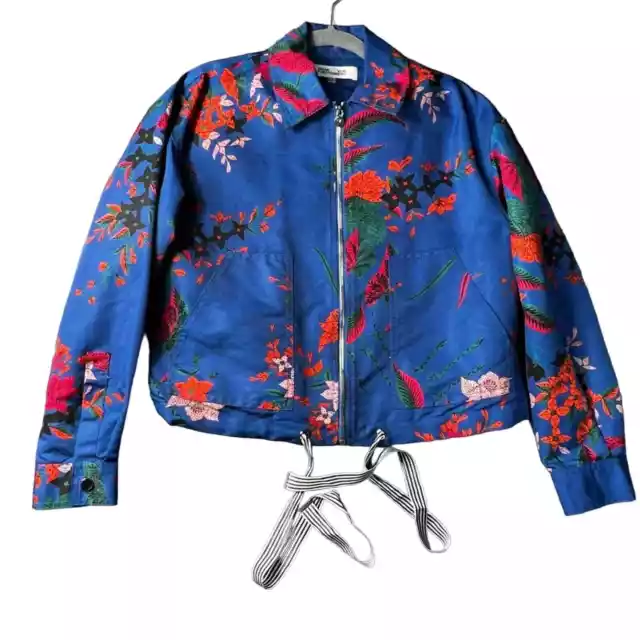 Diane Von Furstenberg Blue Zip Front Floral Bomber Jacket Size S