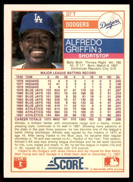 1988 SCORE ÉCHANGÉ. Alfredo Griffin Los Angeles Dodgers #37T EUR 1,96 ...
