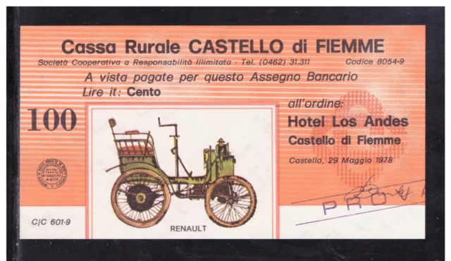 Miniassegno Cassa Rurale Castello Fiemme 100 Lire Automobili 29-5-1978 PROVA