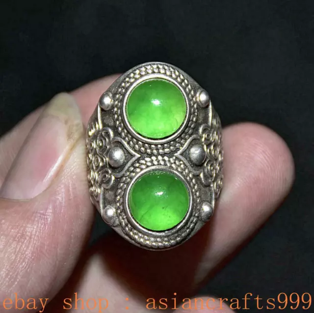 1,2" Alte China Silber Inlay Grün Jade Juwel Dynastie 2 Gems Blumen Anhänger