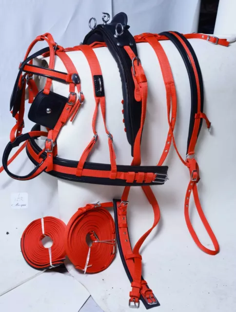 Horse Nylon Webbing Driving Harness Set Red Color Black Piping Single Horse